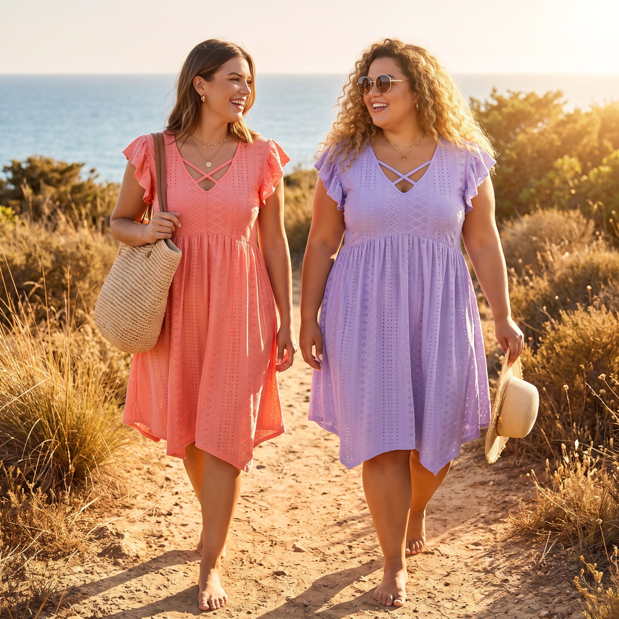 Sommerkleid "Amara" — Lifestyle-Shot am Strand in Rosa und Flieder, Plus-Size 1XL bis 5XL