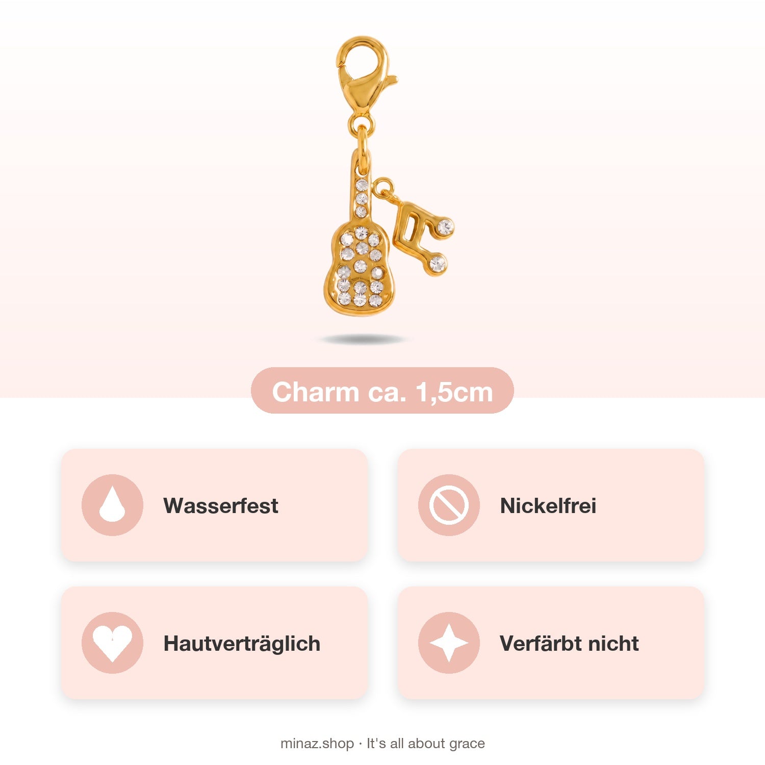 Minaz Charm Guitare USP: wasserfest, nickelfrei, hautverträglich, verfärbt nicht