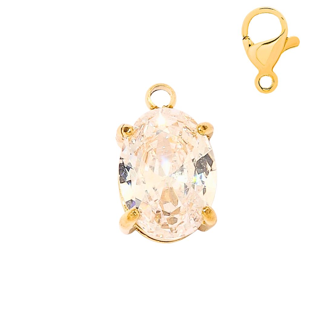 Minaz Charm Oval aus Edelstahl in Gold mit funkelndem Zirkonia Stein und Karabinerverschluss