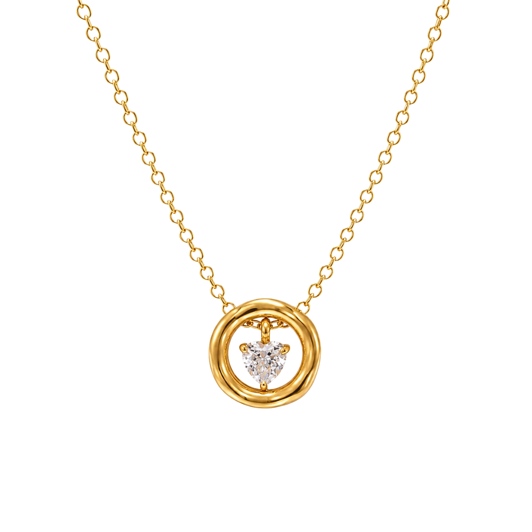 Minaz Halskette Amora aus Edelstahl in Gold mit Herz Zirkonia im runden Ring Anhaenger