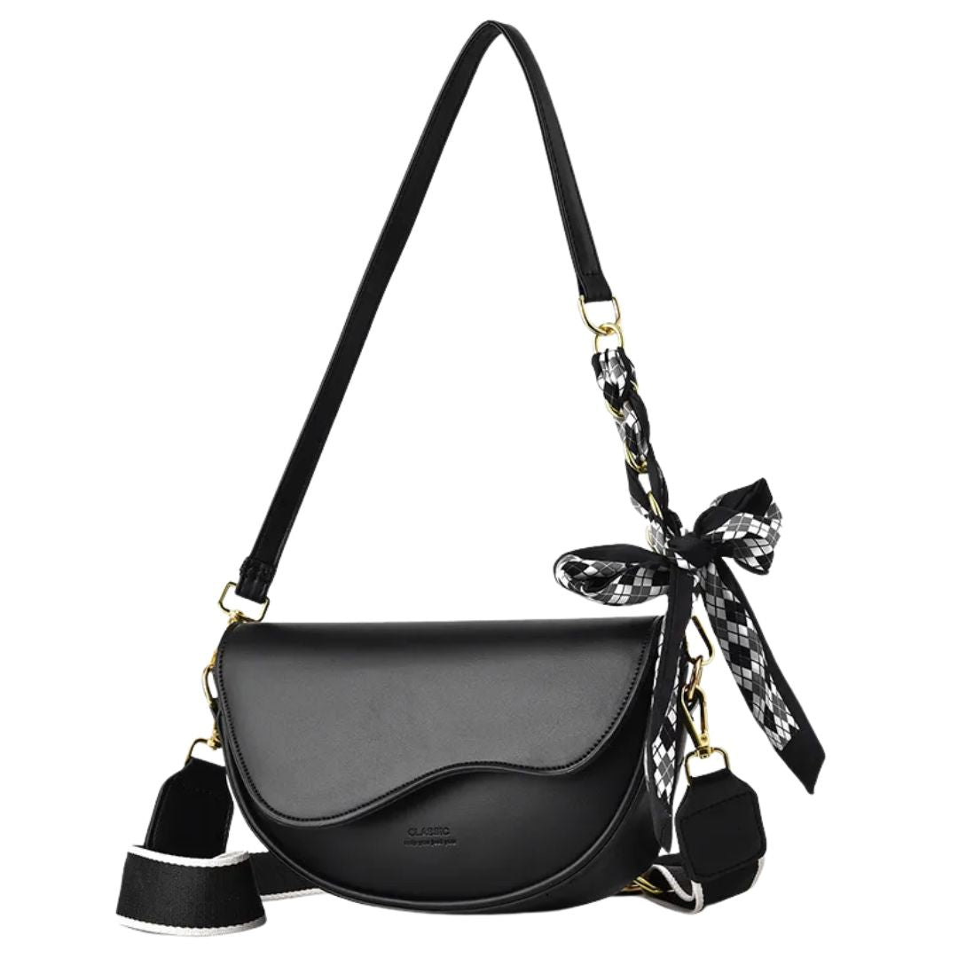 Minaz Handtasche Liana in Schwarz mit Schleife und goldfarbenen Details Frontalansicht