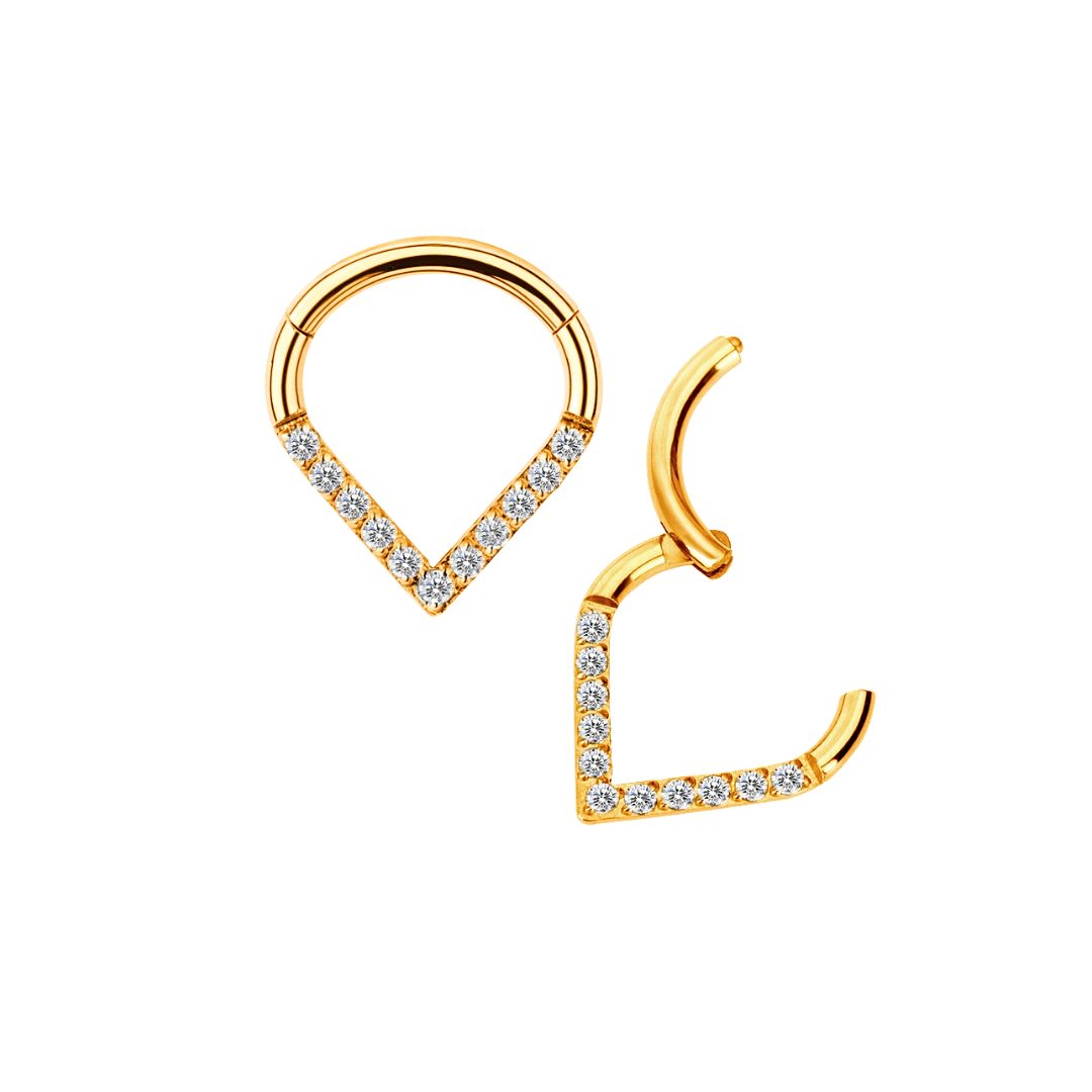 Minaz Septum Piercing Cleo aus Titan in Gold mit Zirkonia V-Form und Clicker Verschluss