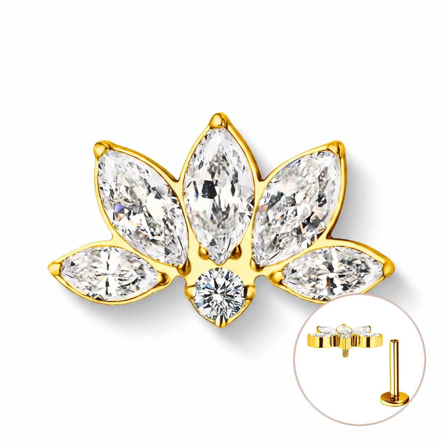 Minaz Piercing Fortuna, Lotus Flat-Stecker aus Titan in Gold mit fünf Marquise-Zirkonia, mit Labret-Verschluss-Detail