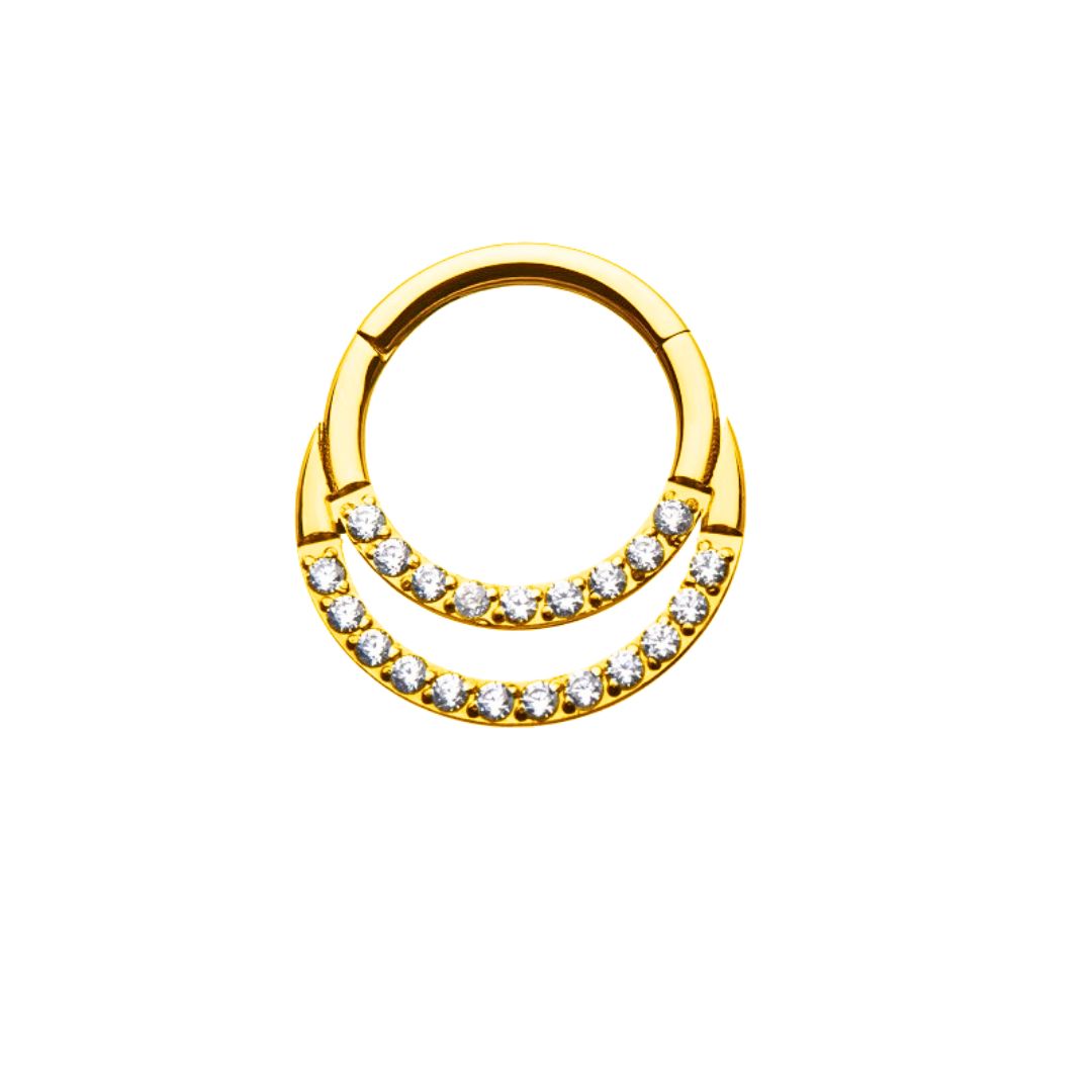 Minaz Septum Piercing Riva aus Titan in Gold mit Doppelring und Zirkonia Steinen