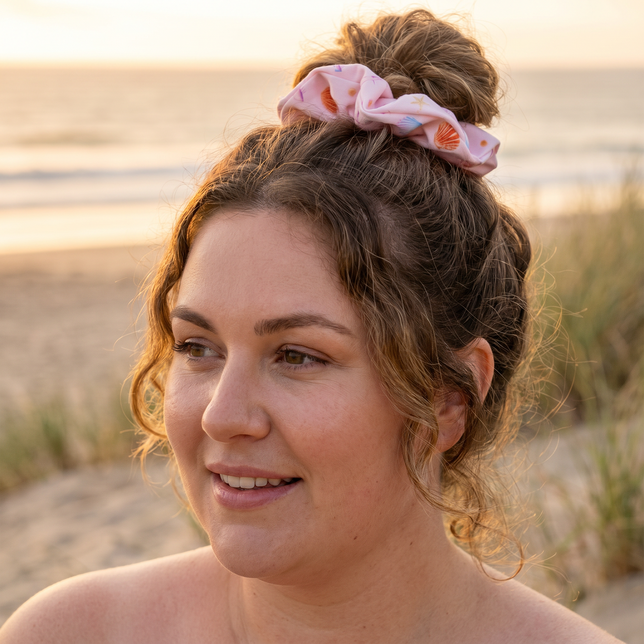 Minaz Scrunchie Marisol aus Sommerstoff. getragen