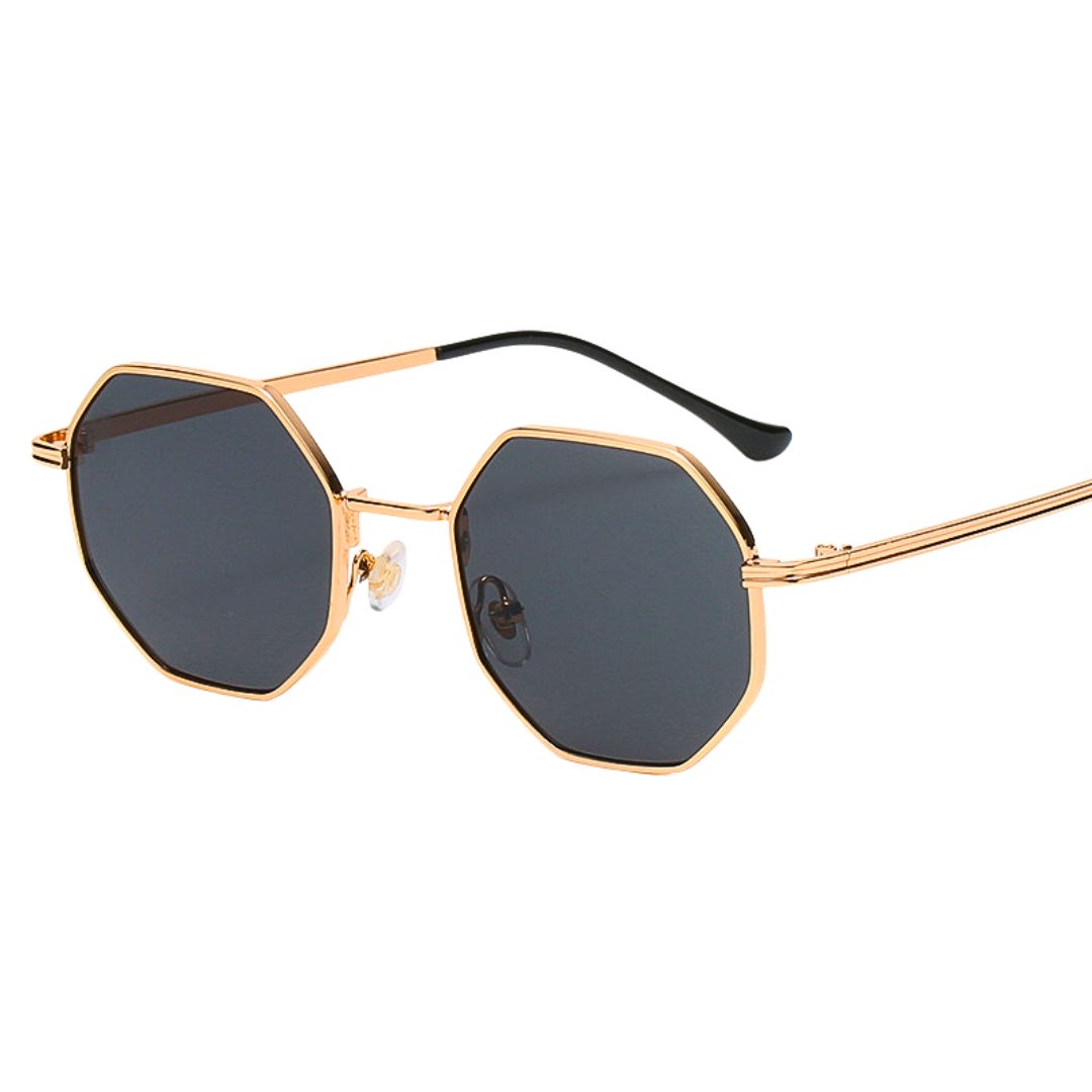 Minaz Sonnenbrille Neva im Hexagon Design mit goldenem Rahmen und schwarzen Gläsern