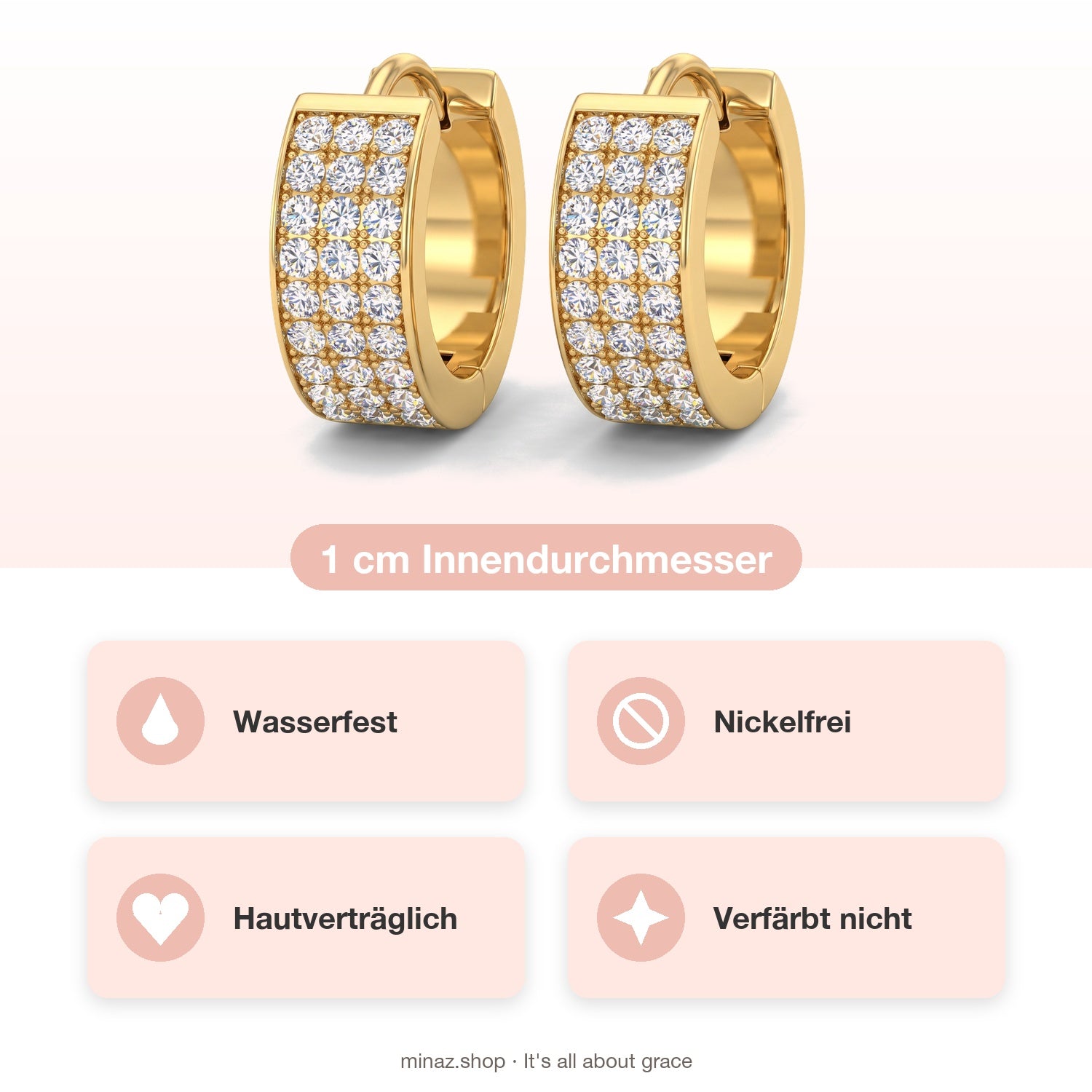 Minaz Ohrringe Soraya aus Edelstahl in Gold mit Zirkonia-Pavé, USP-Übersicht: wasserfest, nickelfrei, hautverträglich, verfärbt nicht