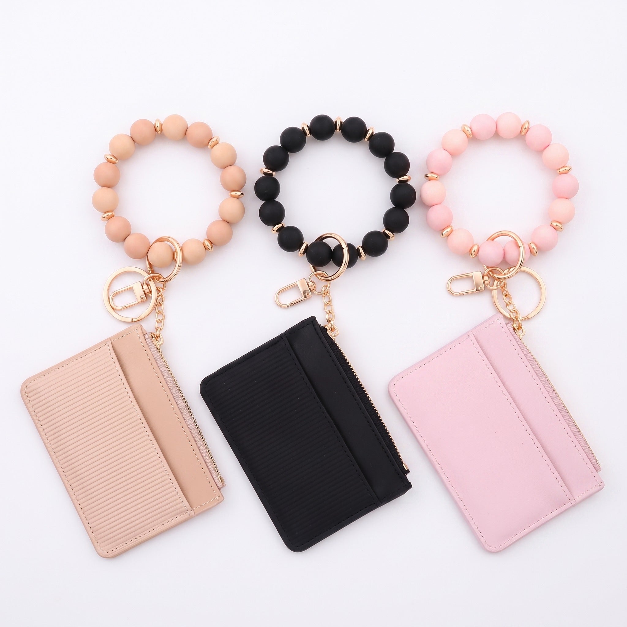 Portemonnaie "Luna" — Beige, Schwarz und Rosa, Silikonperlen-Armband mit Kartenetui
