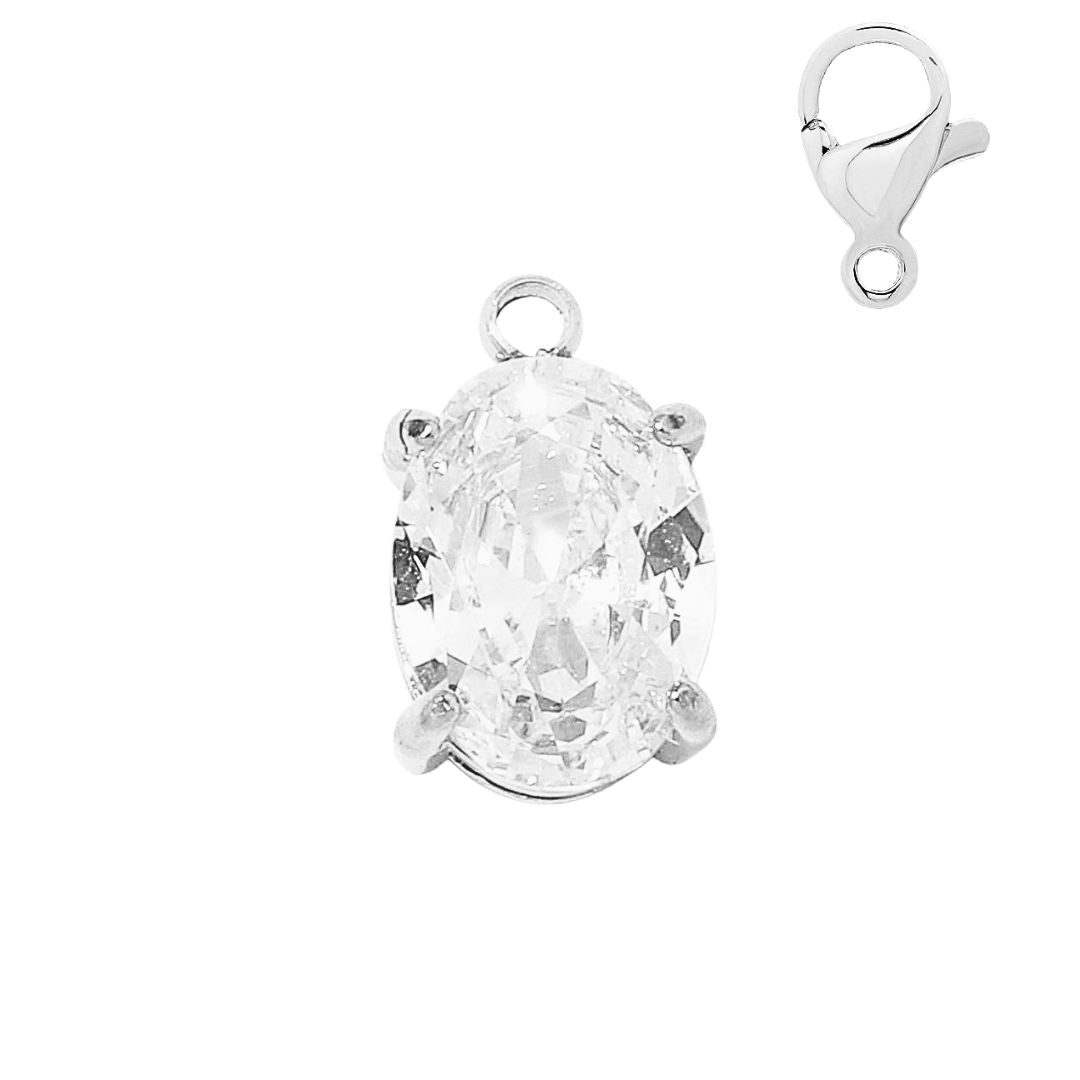 Minaz Charm Oval aus Edelstahl in Silber mit funkelndem Zirkonia Stein und Karabinerverschluss
