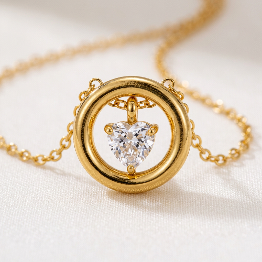 Minaz Halskette Amora aus Edelstahl in Gold mit Herz Zirkonia Makro Detail