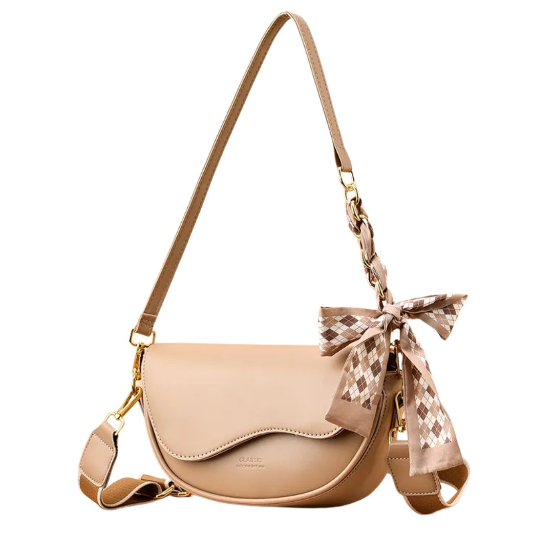 Minaz Handtasche Liana in Beige mit Schleife und goldfarbenen Details Frontalansicht