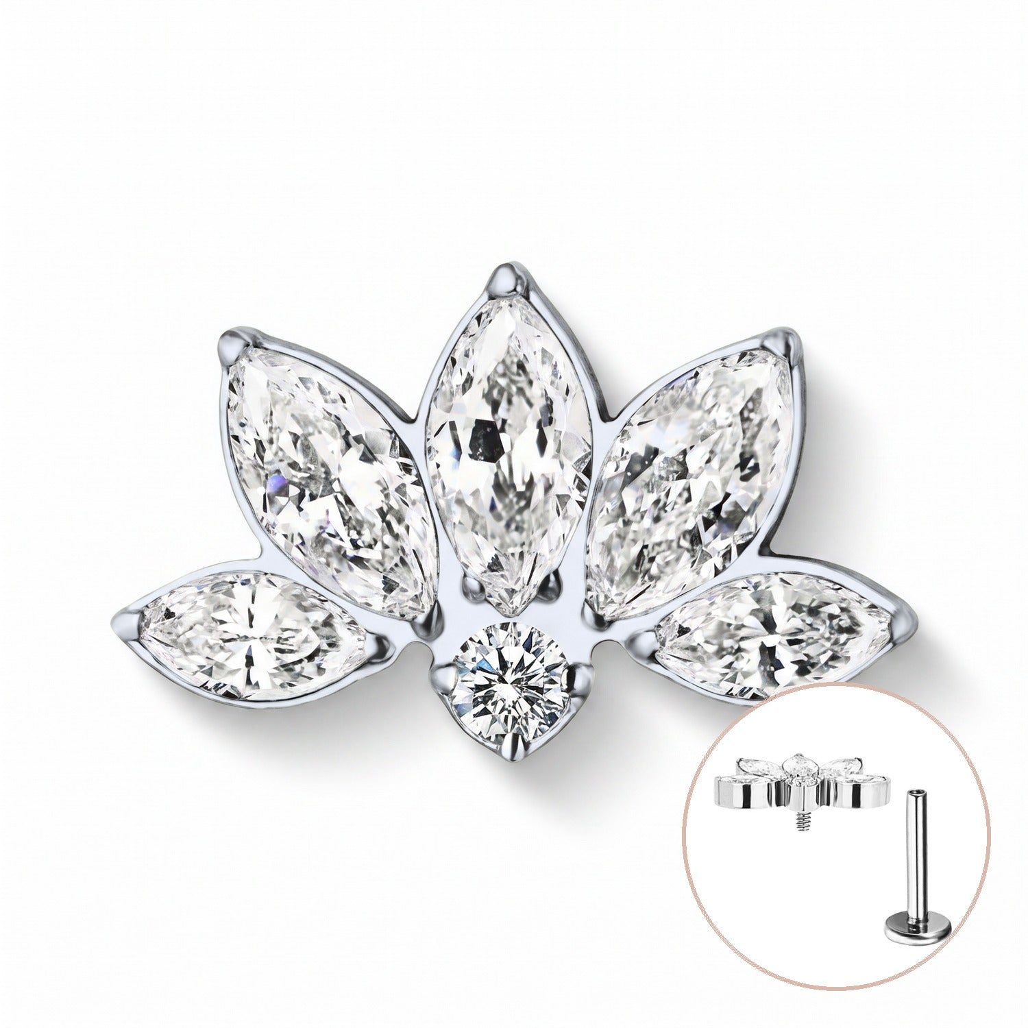 Minaz Piercing Fortuna, Lotus Flat-Stecker aus Titan in Silber mit fünf Marquise-Zirkonia, mit Labret-Verschluss-Detail