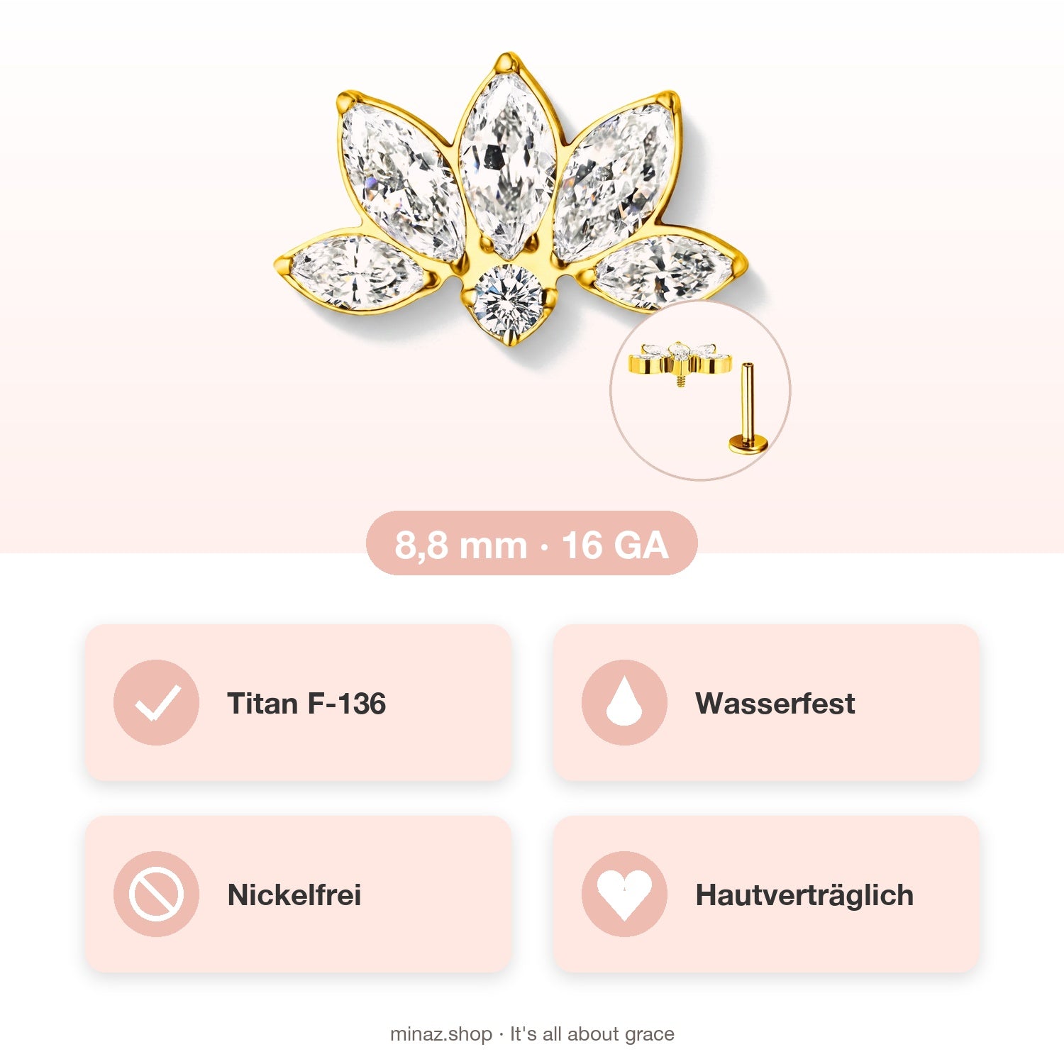Piercing Fortuna USP: Titan F-136, wasserfest, nickelfrei, hautvertraeglich, 8,8 mm 16 GA