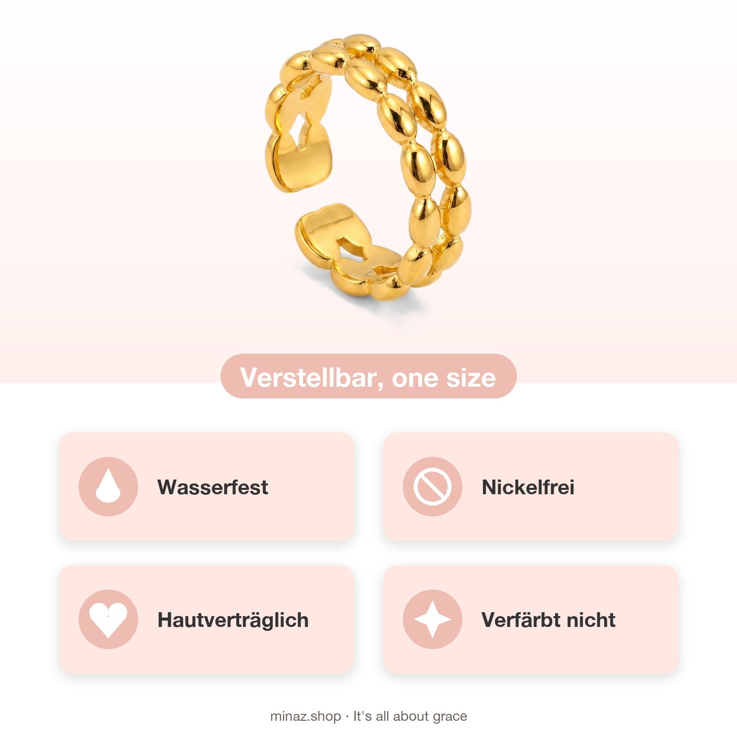 Adriana Ring, USP-Übersicht: verstellbar, wasserfest, nickelfrei, hautverträglich, verfärbt nicht