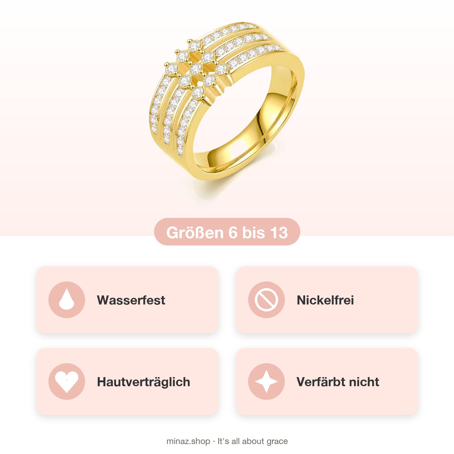 Amina Ring, USP-Übersicht: Größen 6 bis 13, wasserfest, nickelfrei, hautverträglich