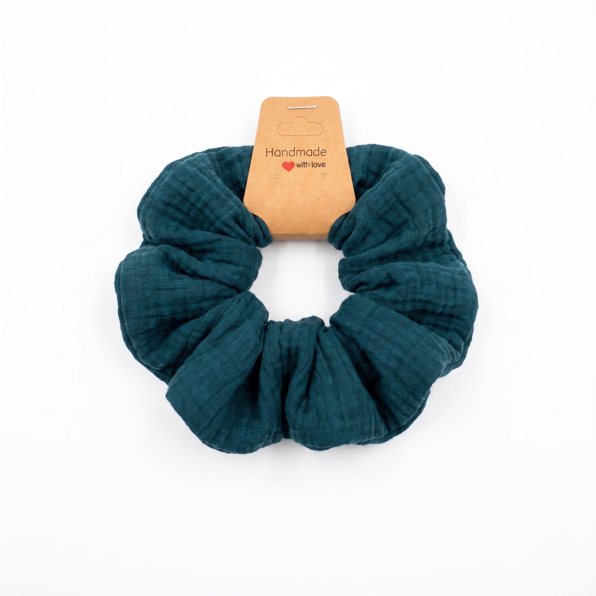 Handmade Musselin Scrunchie Asha in Petrol, dunkles blau-grün, Handmade with love Label