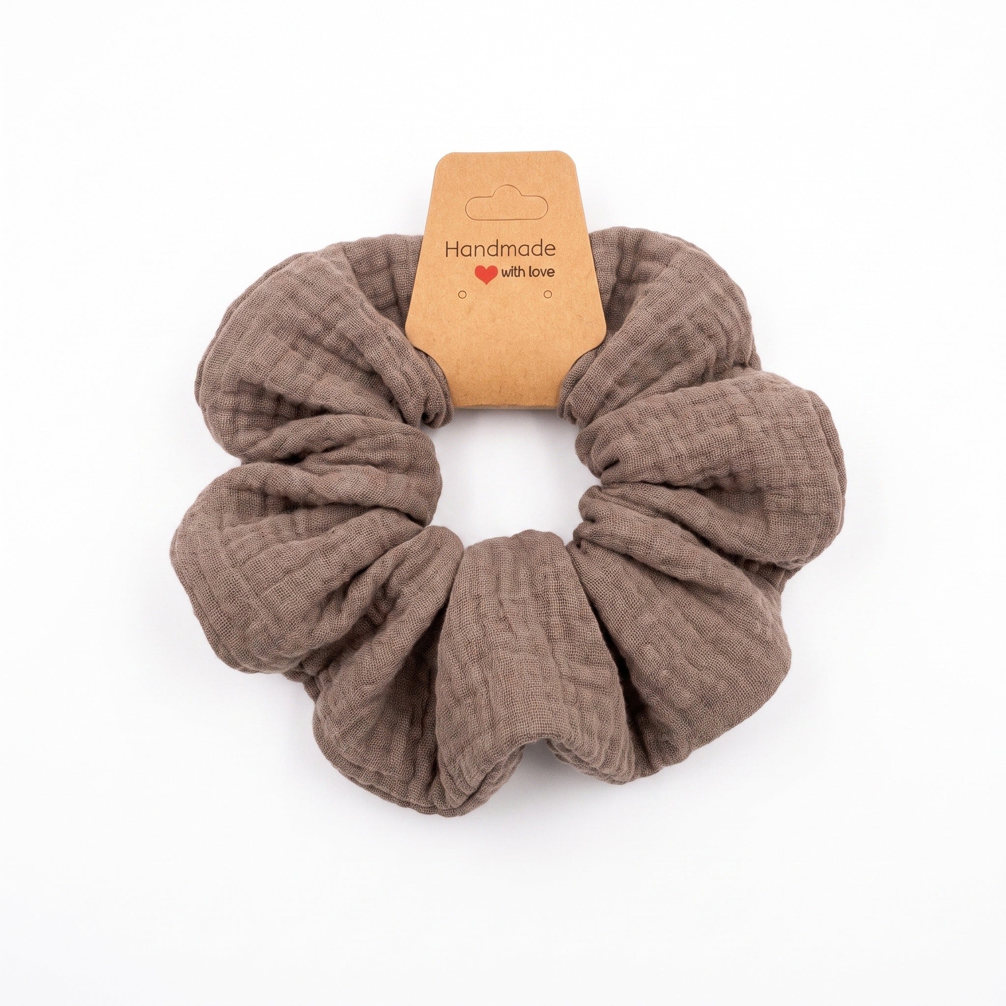 Handmade Musselin Scrunchie Asha in Taupe, warm braun-grau, Handmade with love Label
