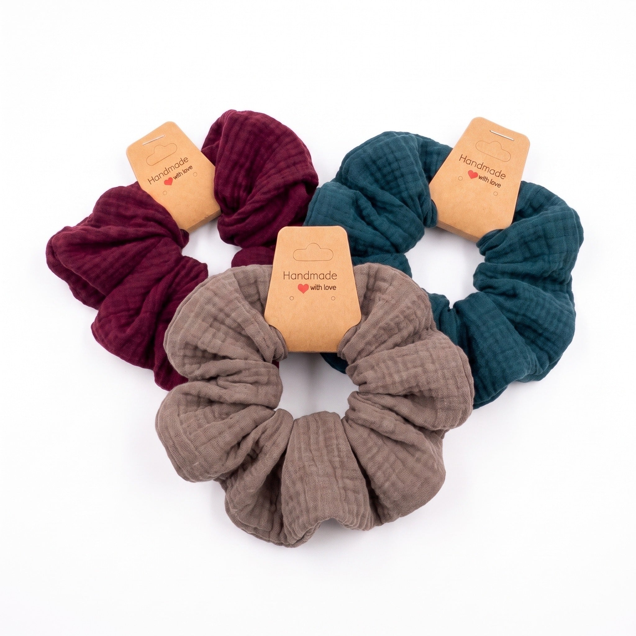 Handmade Musselin Scrunchie Asha in 3 Farben: Taupe, Bordeaux, Petrol
