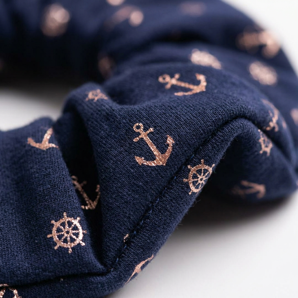 Minaz Scrunchie Calypso aus Stoff mit Anker-Print. Detail-Makro
