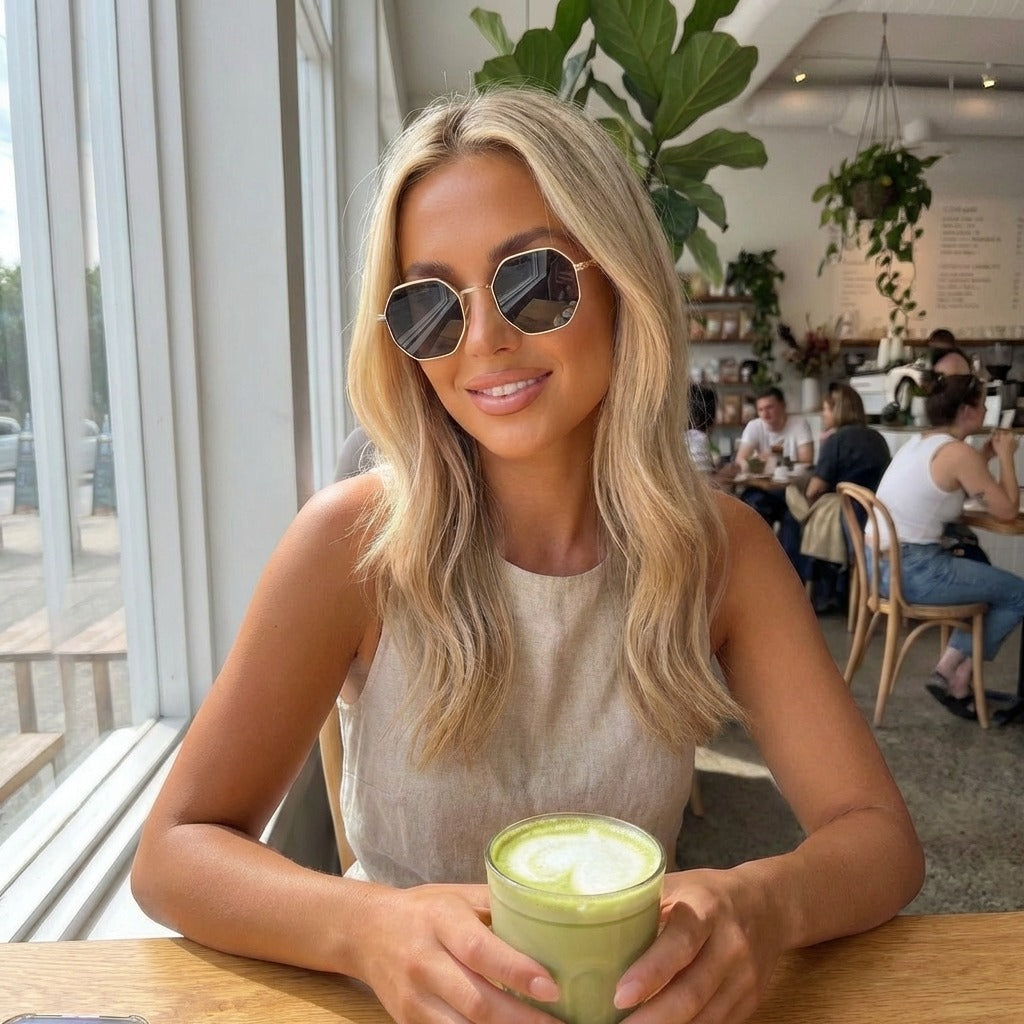 Minaz Sonnenbrille Neva mit goldenem Hexagon Rahmen Tragebild